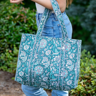 Teal Florals Quilted Tote Bag