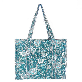 Teal Florals Quilted Tote Bag