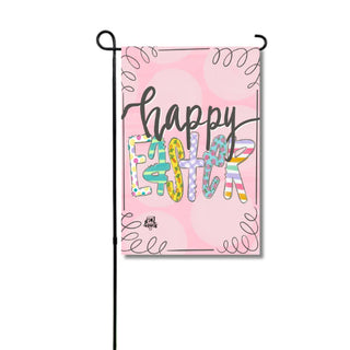 Garden flag with 'Happy Easter' text on a pink background