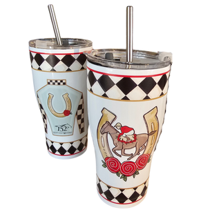 Two tumblers with decorative designs featuring a horse, roses, and checkered patterns on a white background.
