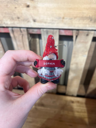 Small gnome figurine with a red name tag labeled 'Sophia' held by a hand against a wooden background.