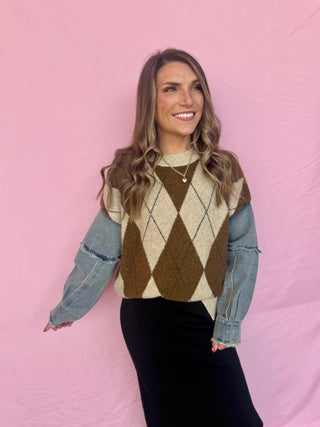 Argyle Distressed Denim Swater
