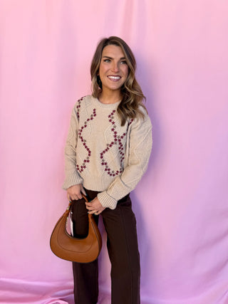 Embroidered Floral Cable Knit Sweater