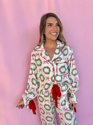 Christmas Wreath Satin Pajama Top