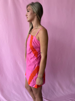 pink and orange crochet mini dress