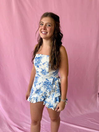 blue and white floral romper 