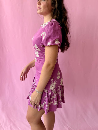 purple paisley print mini dress