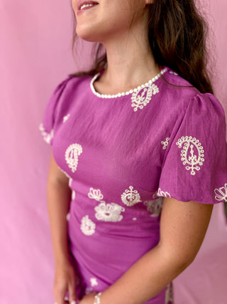 purple paisley print mini dress