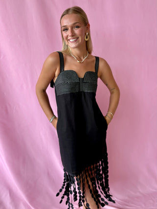 black fringe midi dress