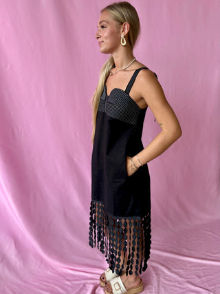 black fringe midi dress