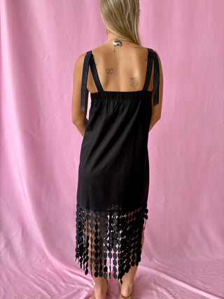 black fringe midi dress