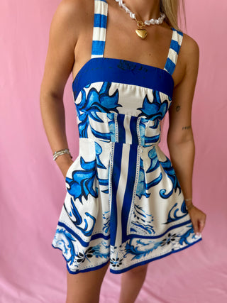 blue and white patterned mini dress