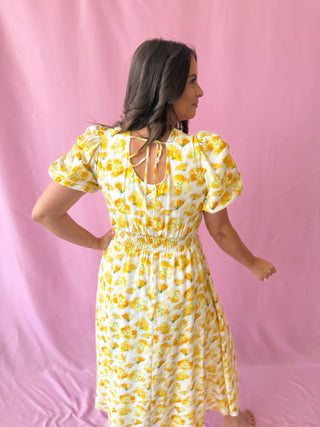 yellow floral maxi dress with sleeves 