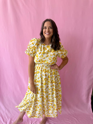 yellow floral maxi dress with sleeves 