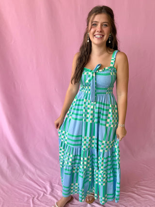 checkered blue and green maxi dress