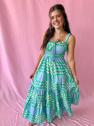 checkered blue and green maxi dress