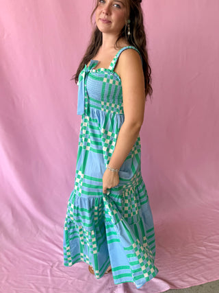 checkered blue and green maxi dress