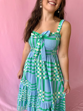 checkered blue and green maxi dress
