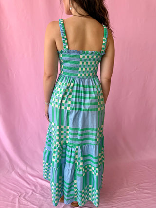 checkered blue and green maxi dress