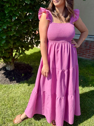 purple maxi dress with ruffle sleeves 