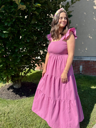 purple maxi dress with ruffle sleeves 