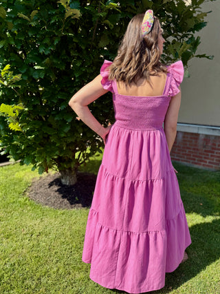 purple maxi dress with ruffle sleeves 