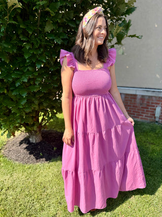 purple maxi dress with ruffle sleeves 