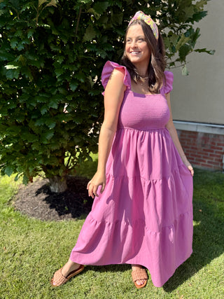 purple maxi dress with ruffle sleeves 