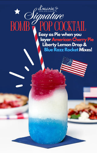 Red, white, and blue cocktail with American flags on a blue background