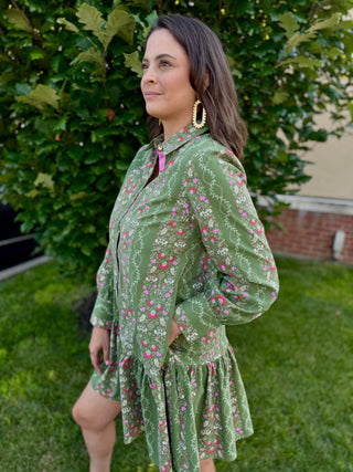 green and pink floral mini dress