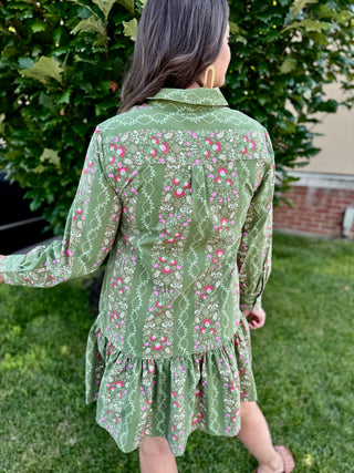 green and pink floral mini dress