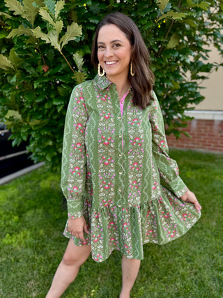 green and pink floral mini dress