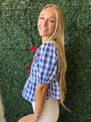 Blue Gingham Top with Red Bows