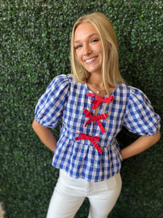 Blue Gingham Top with Red Bows