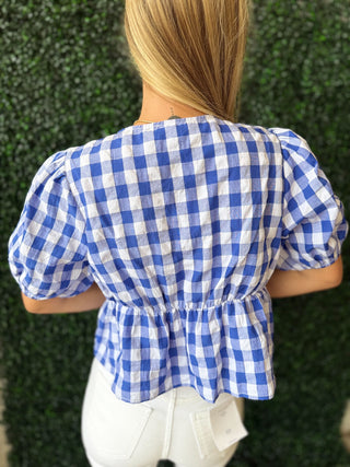 Blue Gingham Top with Red Bows