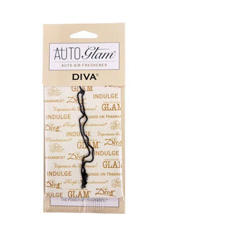 AUTO Glam Diva auto air freshener packaging with a black wavy ribbon-shaped fragrance element visible through a clear window, on a white background.