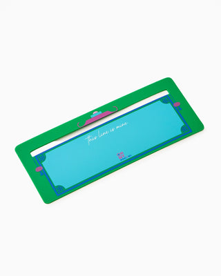 Colorful license plate with cartoon designs on a white background