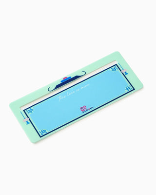 Rectangular turquoise product with a blue screen on a white background