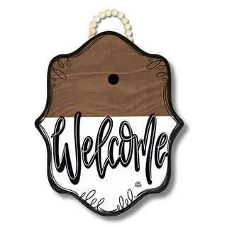 Wooden door hanger with 'Welcome' text on a white background