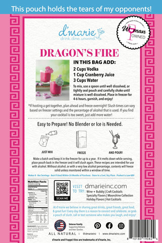 Product packaging for 'Dragon's Fire' cocktail mix with pink border and text.