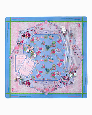 Board game set with colorful design on a blue border