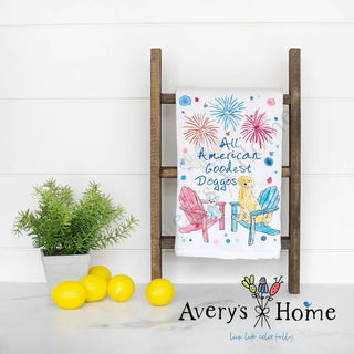 Decorative towel with colorful design on a wooden ladder against a white wall, with 'Avery's Home' branding.