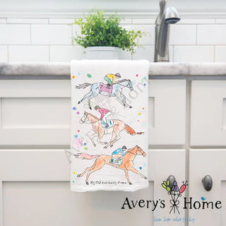 Towel with horse and jockey design hanging on a kitchen rack, featuring 'Avery's Home' branding.