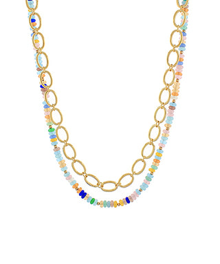 Necklace with gold chain and multicolored beads on a white background