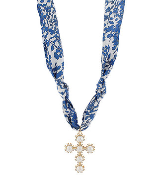 Pearl Cross Charm Scarf Necklace