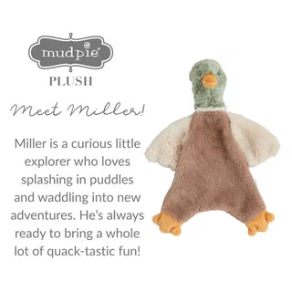 Plush toy duck with text about 'Meet Miller' from mud pie on a white background