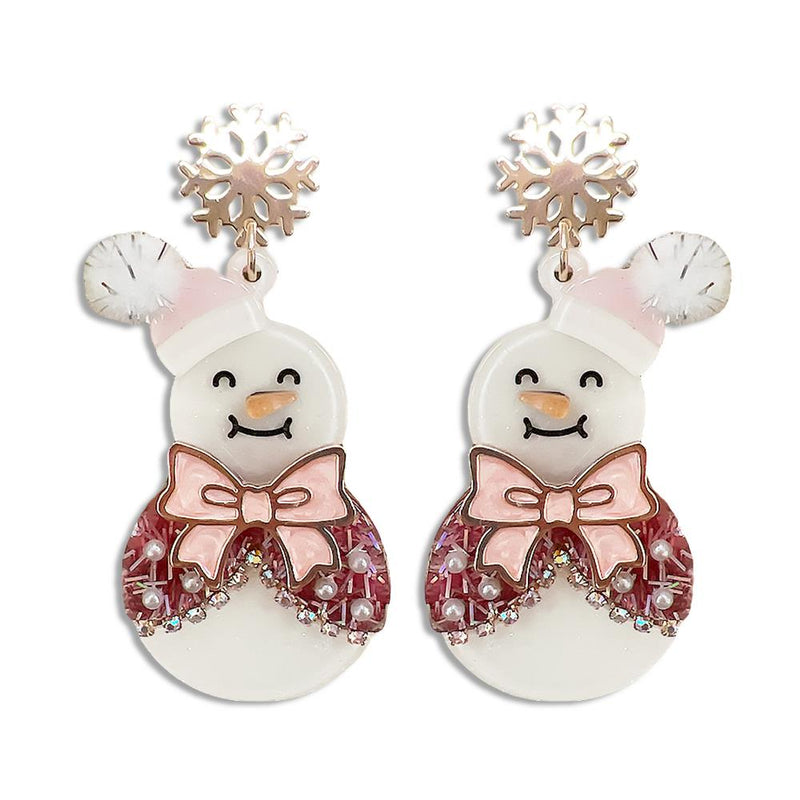 Pink Bow Snowman Earring