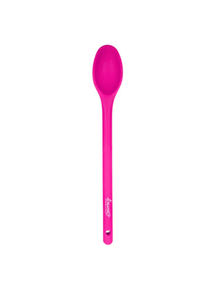 Pink spoon device with a logo on a white background