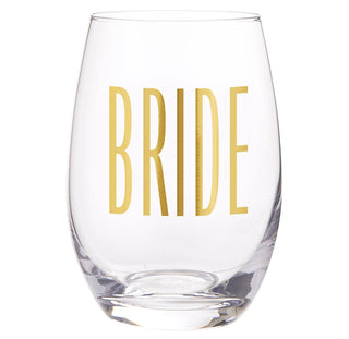 Clear wine glass with 'BRIDE' in gold letters on a white background
