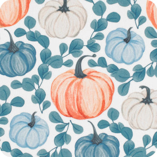 A repeating autumn pattern featuring watercolor-style pumpkins in orange, light blue, and cream, interspersed with teal eucalyptus leaves on a white background.
